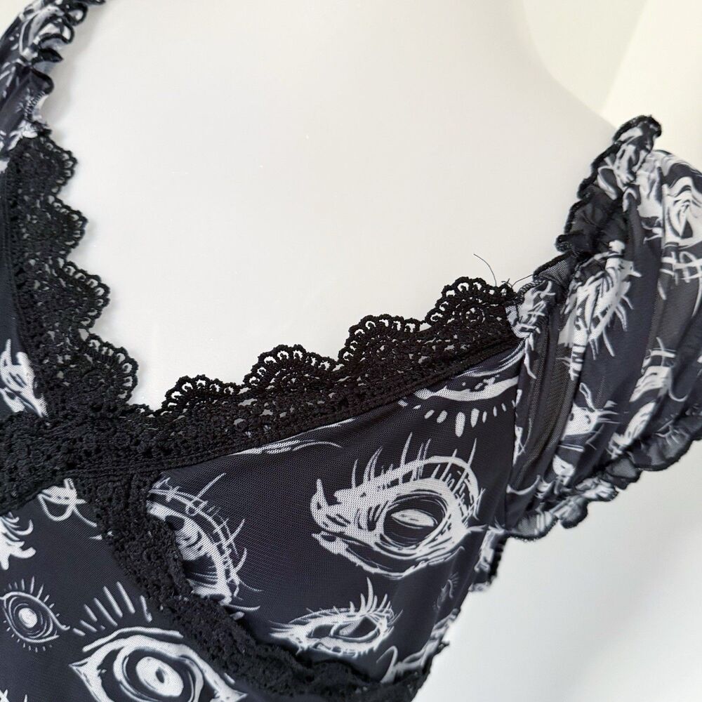 Grunge Punk Eye Eyeball Goth Drawstring Cinched Black Dress L Large Ruched - Picture 10 of 16